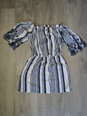 Striped Off-Shoulder Mini Dress with Embroidered Sleeves - Blue/White